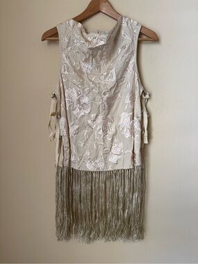 Sea New York Priscilla Embroidery Cowl Neck Fringe Vest Cream Size Medium